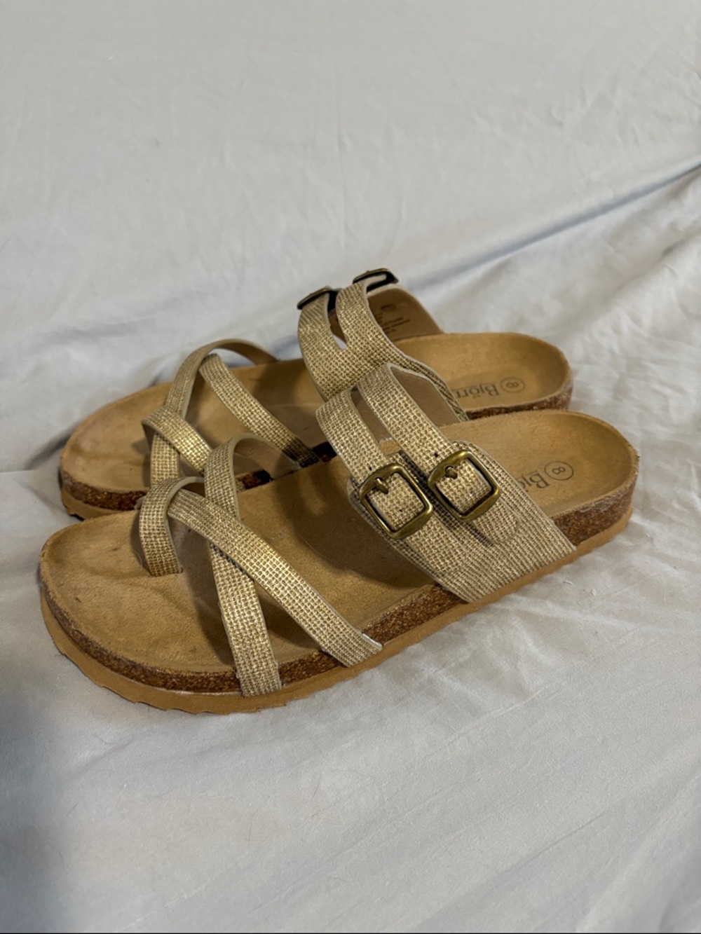 Bjorndal Gold Strappy Cork Footbed Sandals